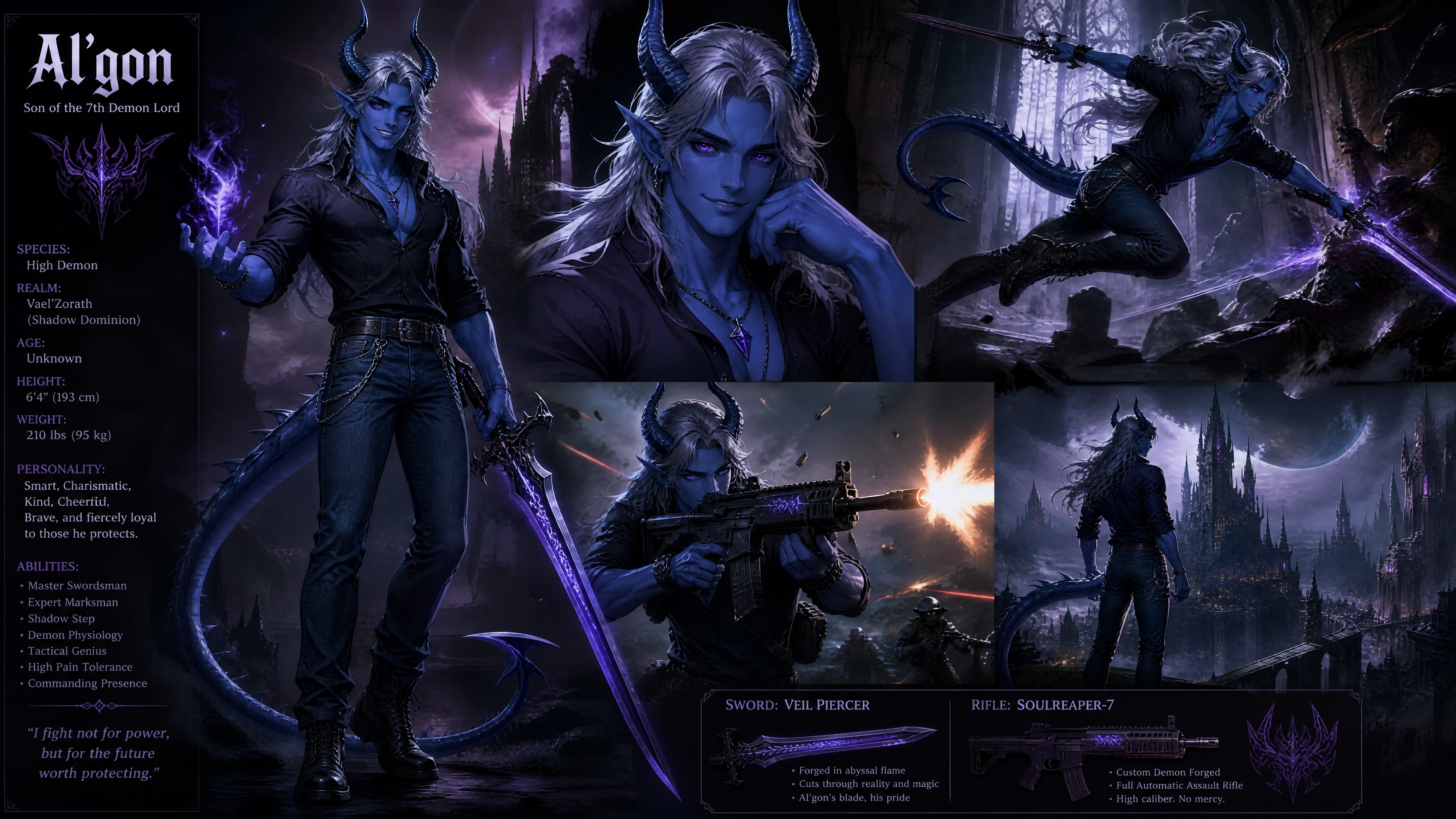 A blue demon with curved horns, gray hair, and a spiked tail