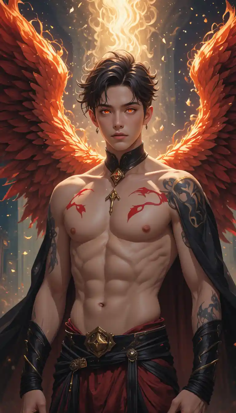 A muscular fantasy man with fiery phoenix wings and a feathered tail