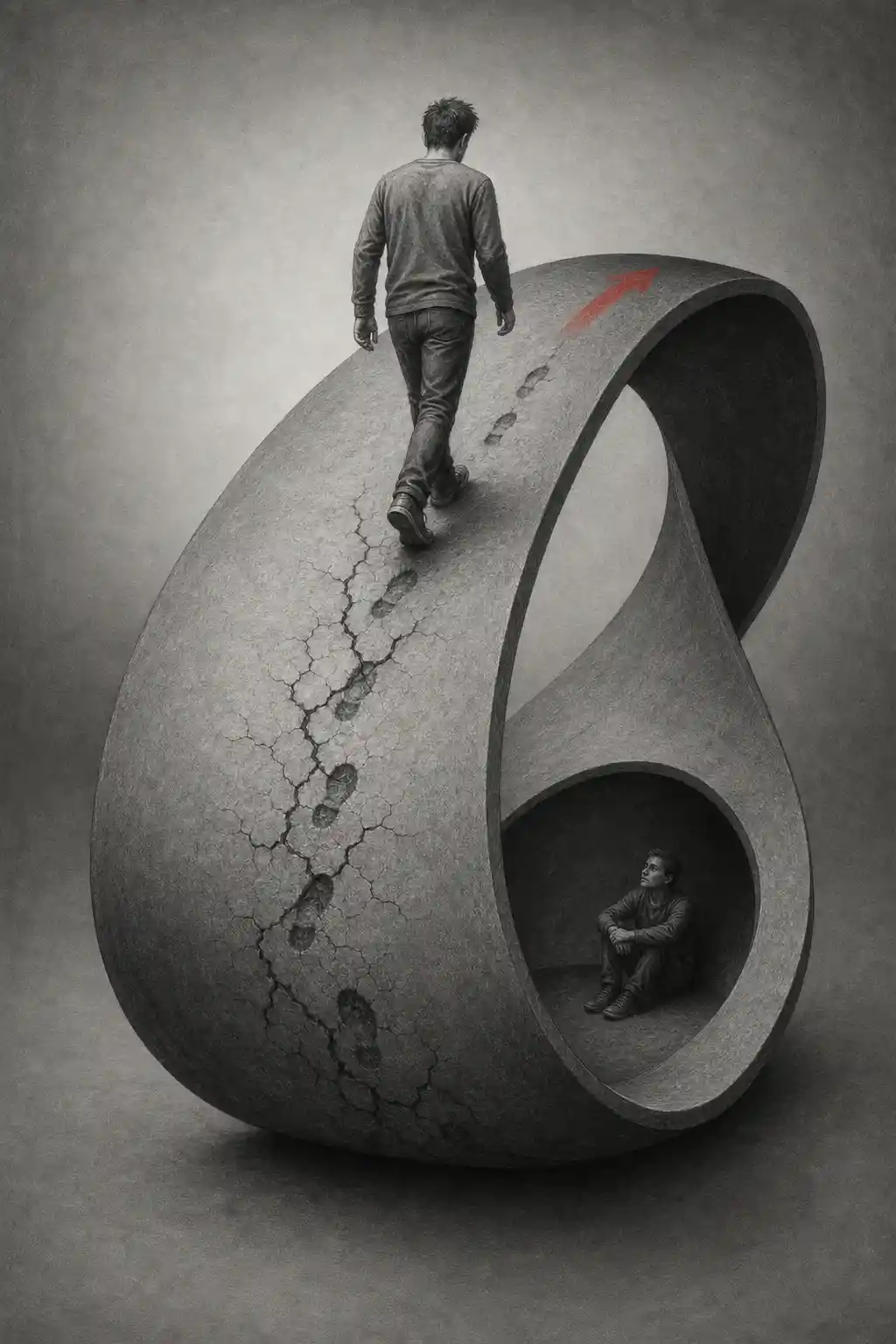 A person walks an endless treadmill shaped like a Möbius strip