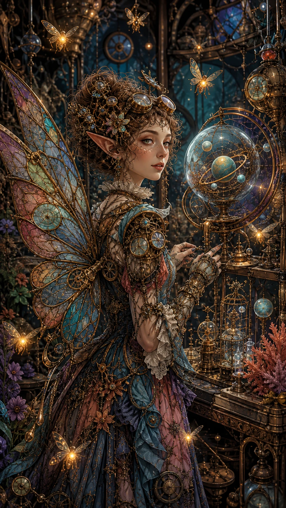 A faerie inventor stands amid wonders in a fantastical workshop