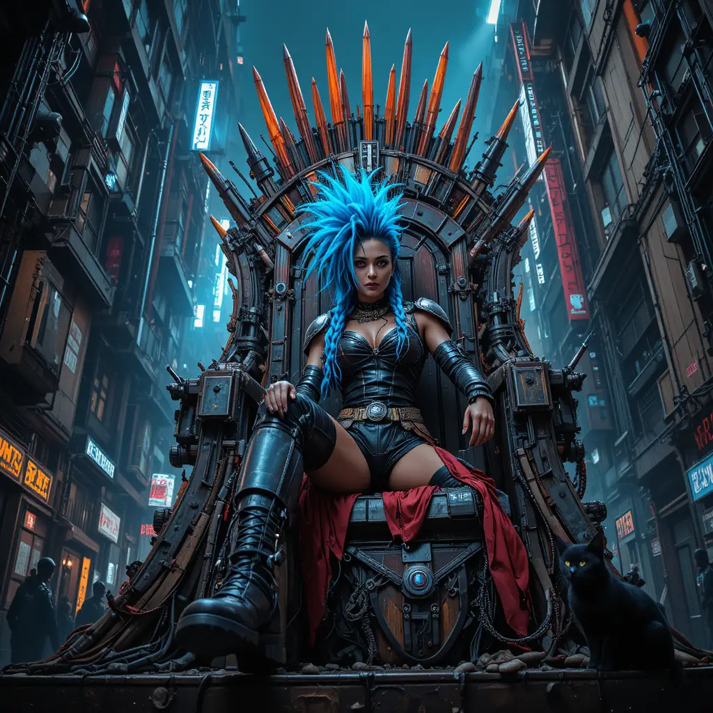Une femme punk assise sur un trône de ferraille dans une ville dystopique