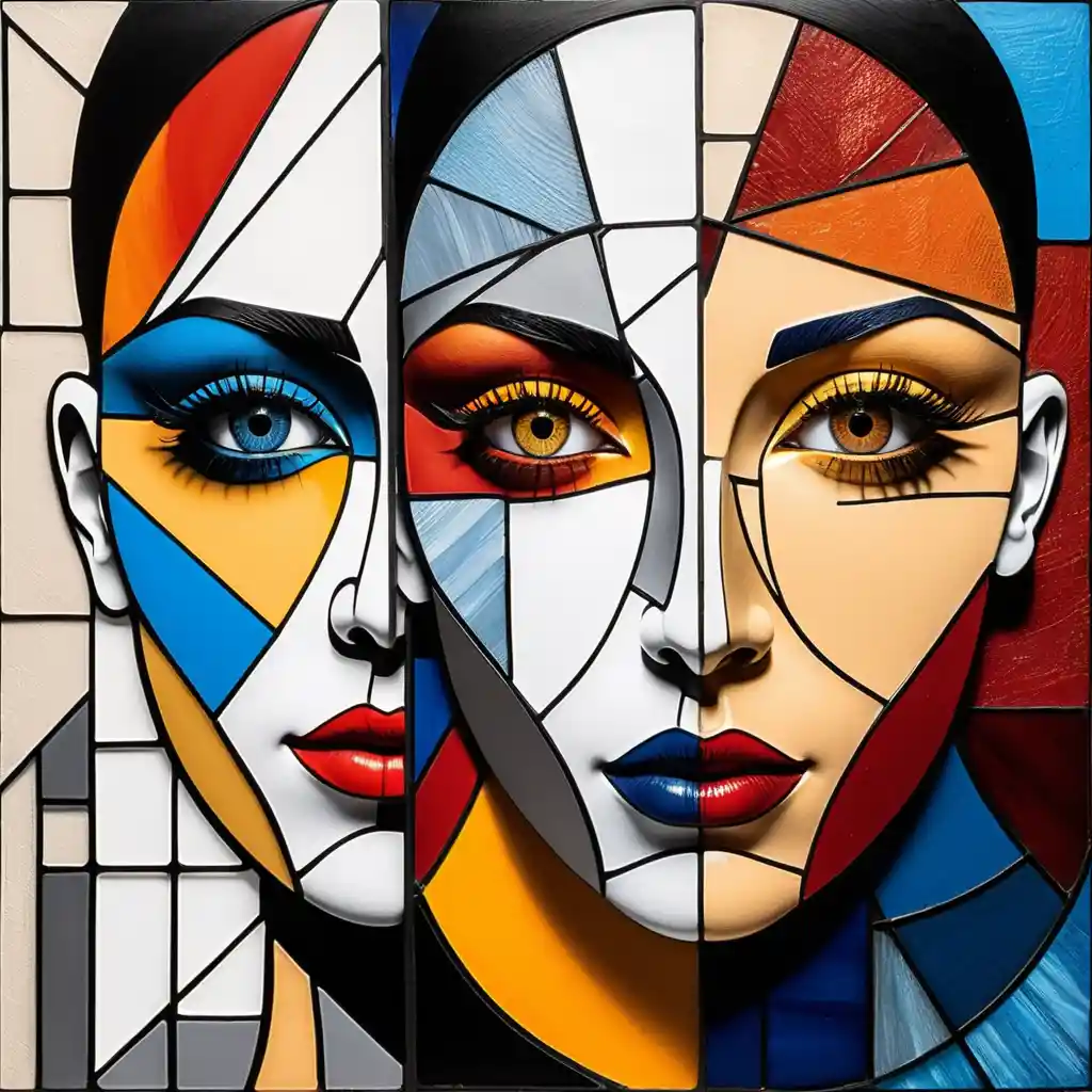 Cubist Portrait of a Split Face with Vivid Geometric Details