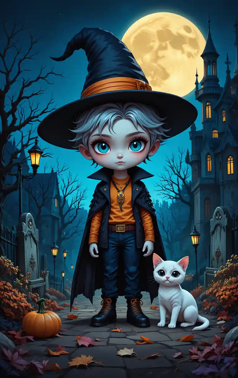 Un joven mago y un gato blanco bajo la luna de Halloween