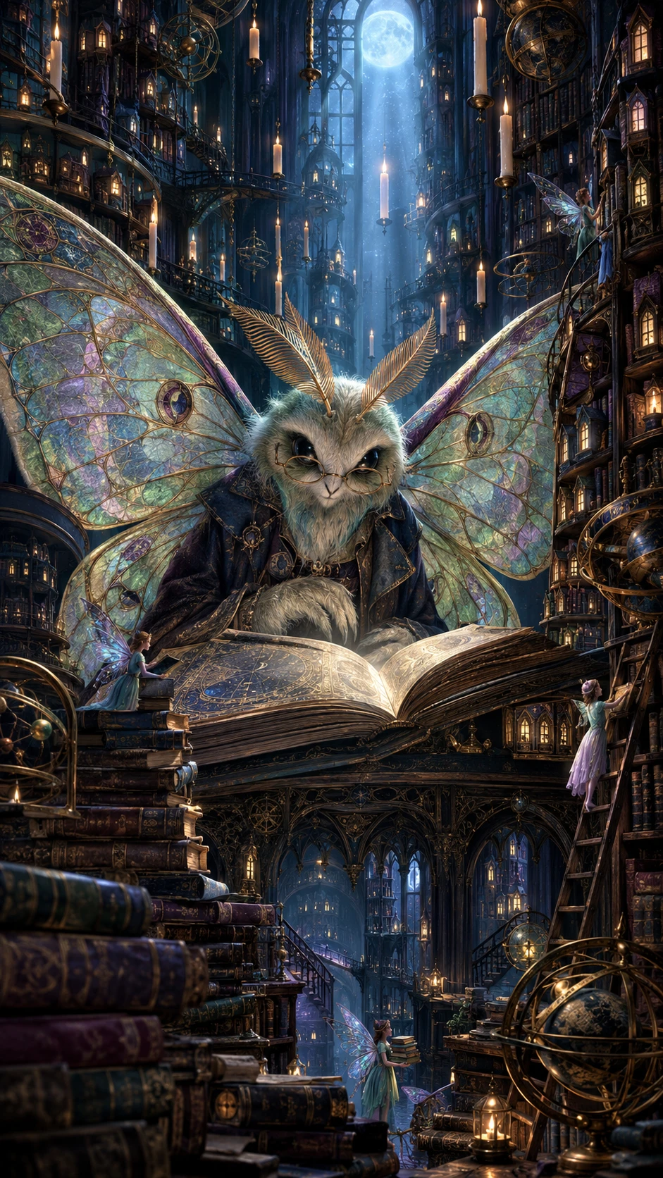 Una gigantesca falena luna è seduta dietro una scrivania antica in una biblioteca dimenticata