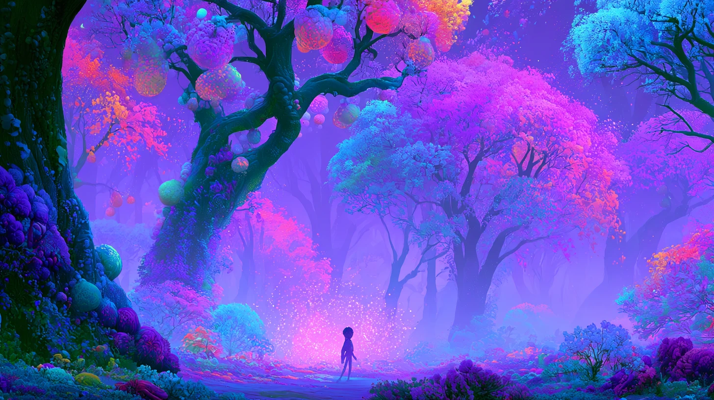 Alberi al neon e frutti colorati circondano una figura errante sotto un cielo nebbioso