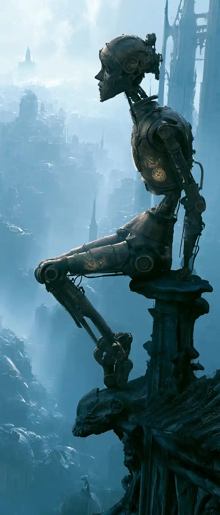 An Ancient Automaton Guards a Cathedral Gargoyle Above a Misty City