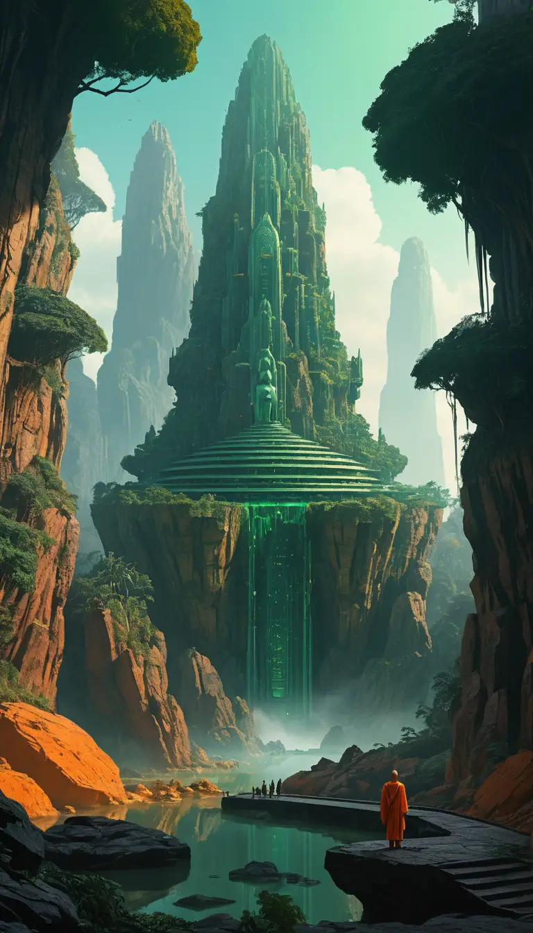 A giant Buddha megastructure rises from a dense tropical forest