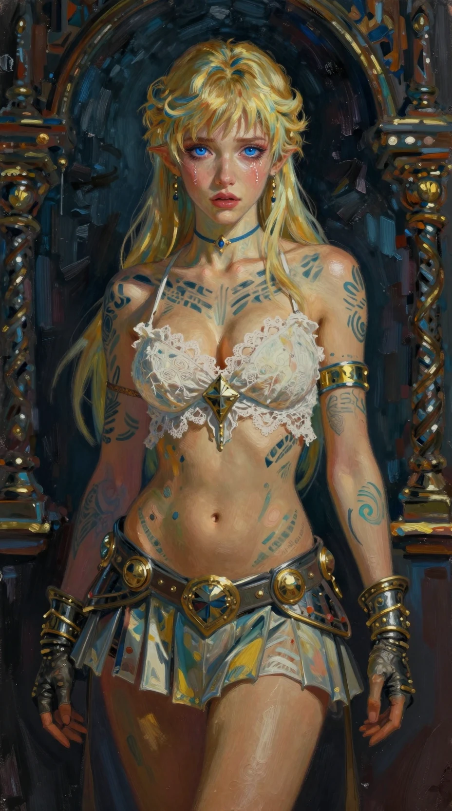 La princesa de anime Artoria se alza con orgullo, con una armadura ornamentada y tatuajes tribales