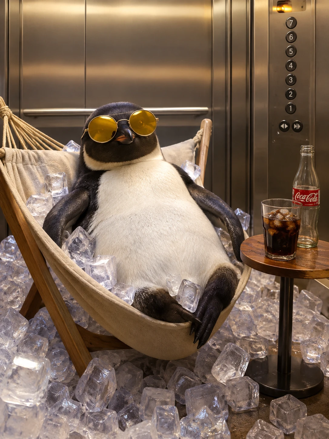 A penguin relaxes in an icy elevator wearing round yellow sunglasses