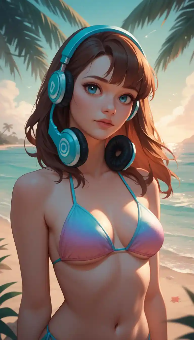 熱帶海灘上身穿金屬粉紅色比基尼的紅髮女子