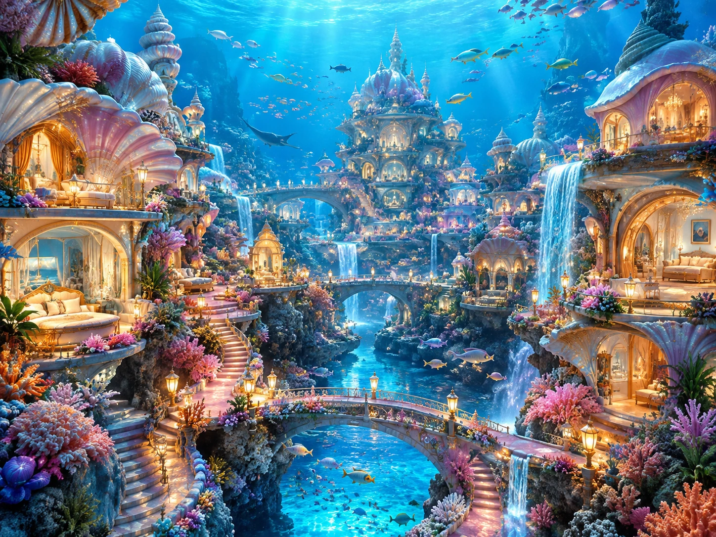 Una colorata città sottomarina di conchiglie con ponti, cascate e passerelle illuminate da lanterne