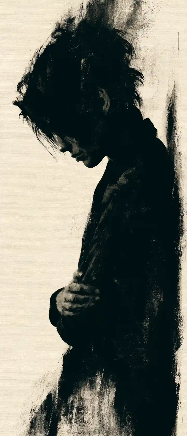 A dark-haired figure leans against a wall with folded arms