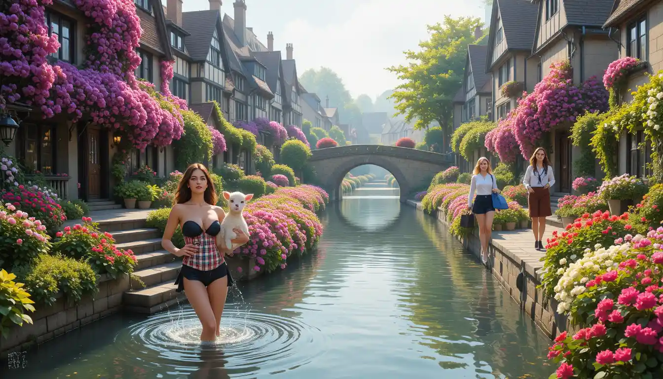 Un canal de village européen bordé de fleurs printanières et de maisons Tudor