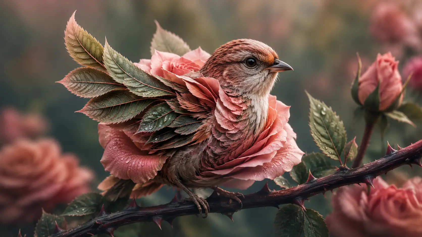 Um pequeno pardal surge entre pétalas de rosa com asas que parecem folhas