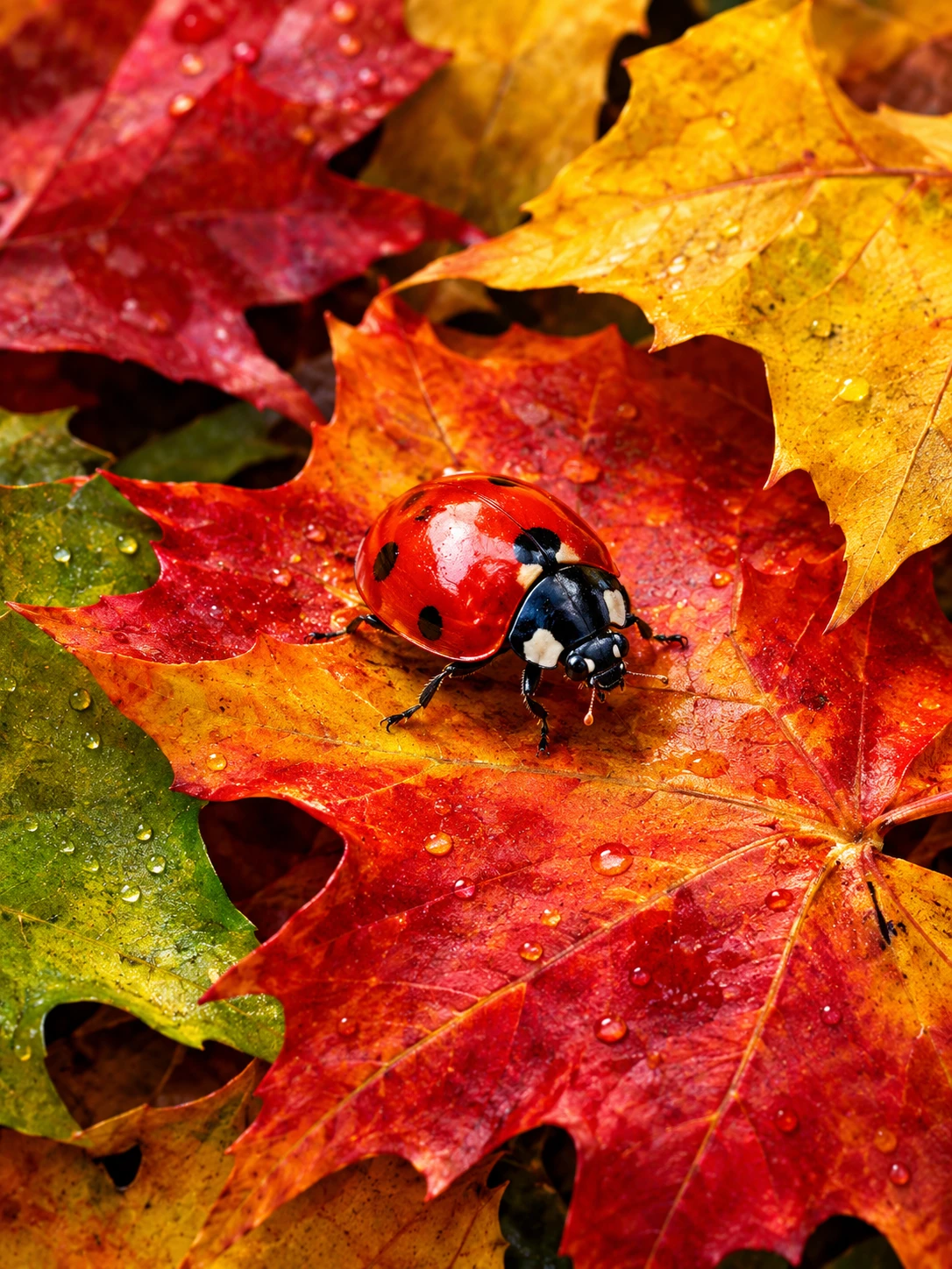 A ladybug resting on vibrant fallen maple leaves