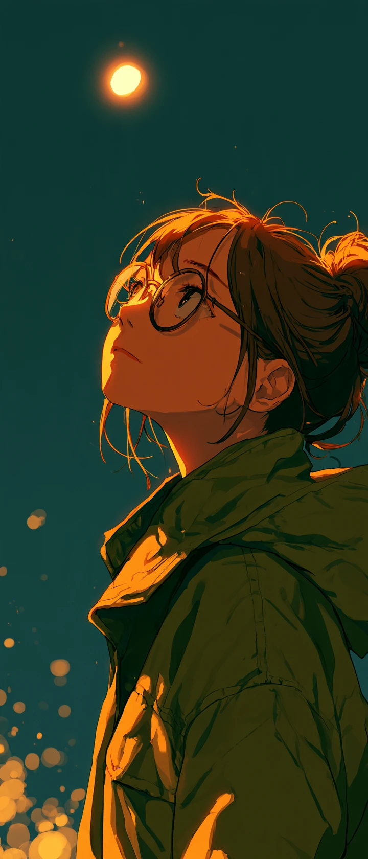 A young woman in glasses gazes upward at a floating light orb