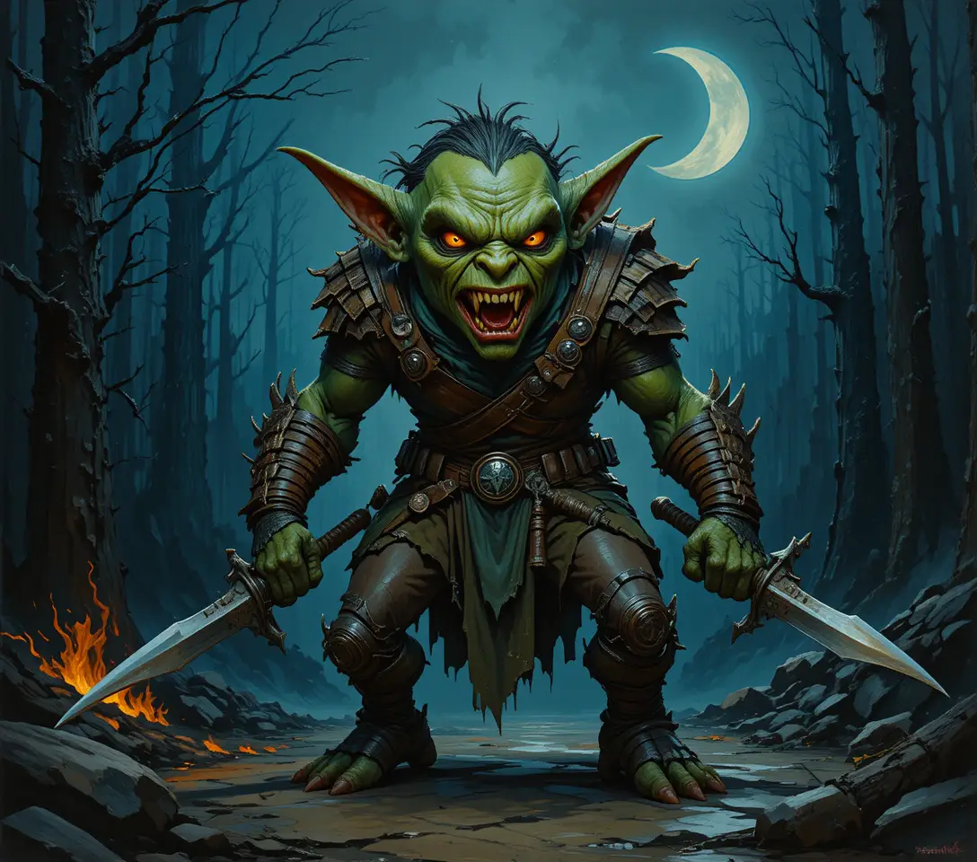 A green goblin grips twin blades beneath a crescent moon in a dark forest