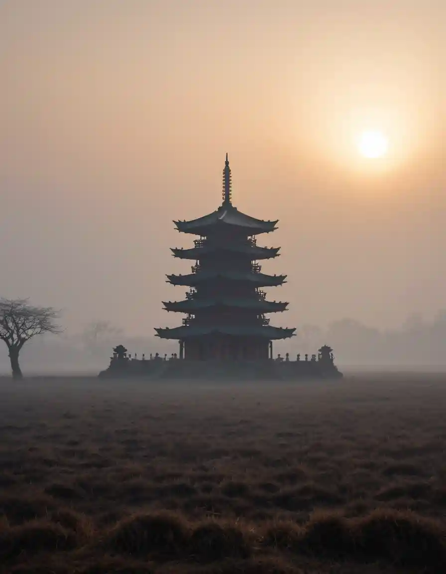 Una pagoda emerge de la niebla sobre una desolada llanura invernal