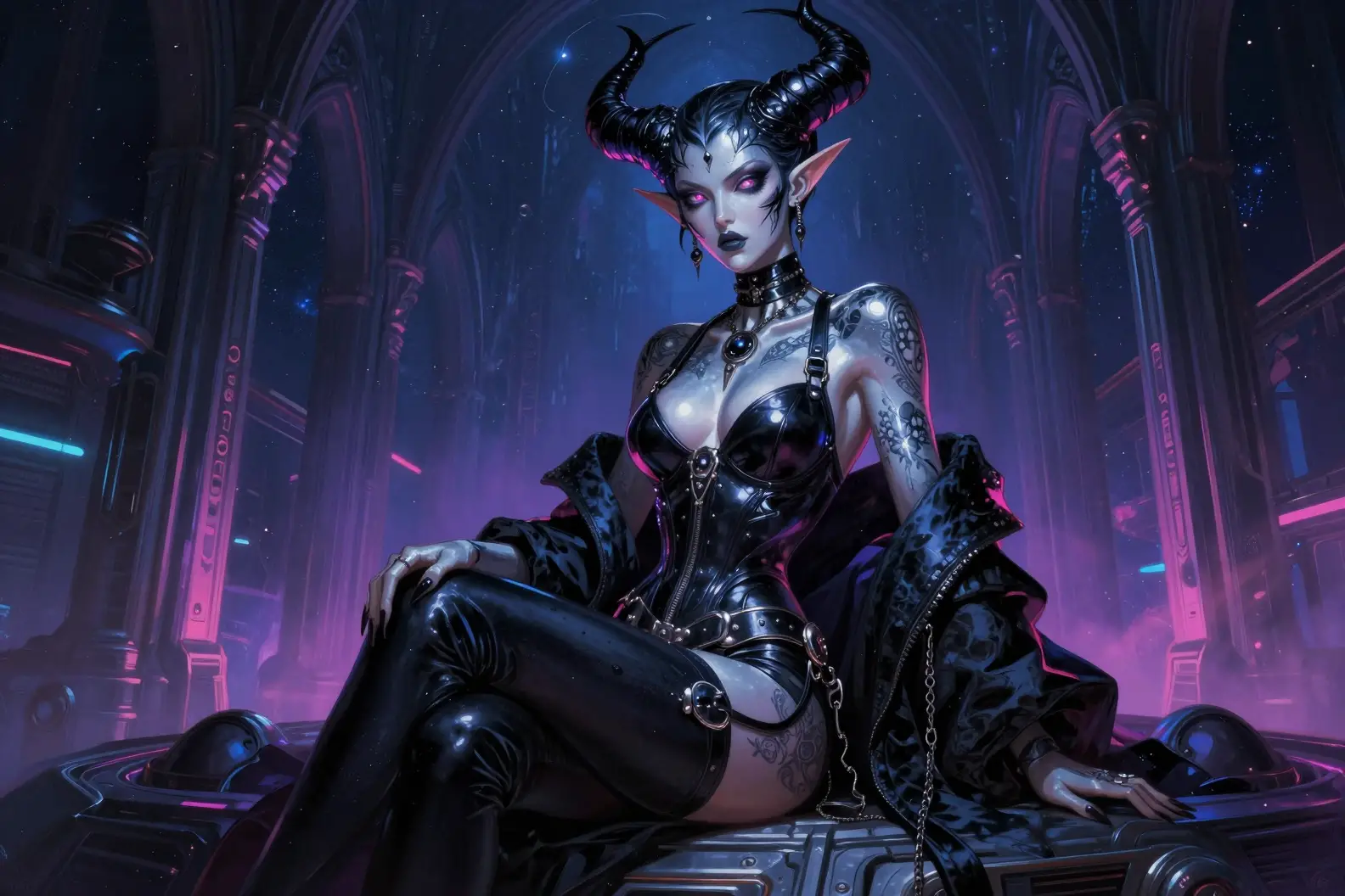A Chrome Skinned Demon Queen Sits Inside A Cathedral Spaceship