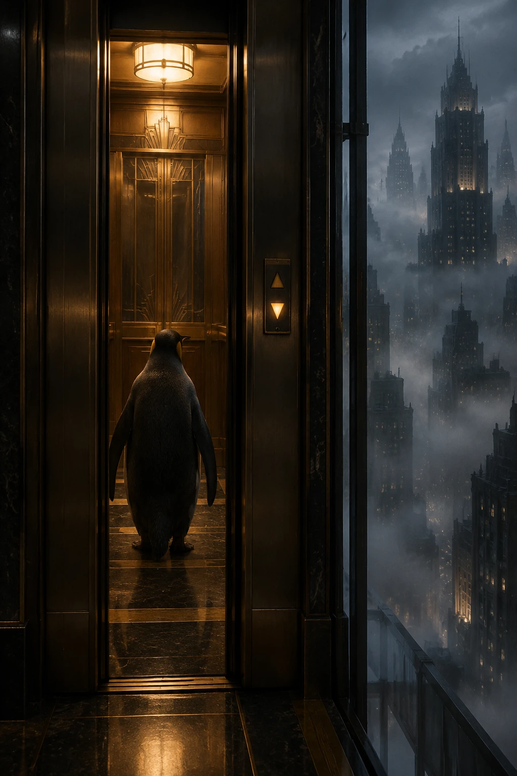 Ein einsamer Pinguin betritt einen Vintage-Aufzug in einem Art-déco-Wolkenkratzer
