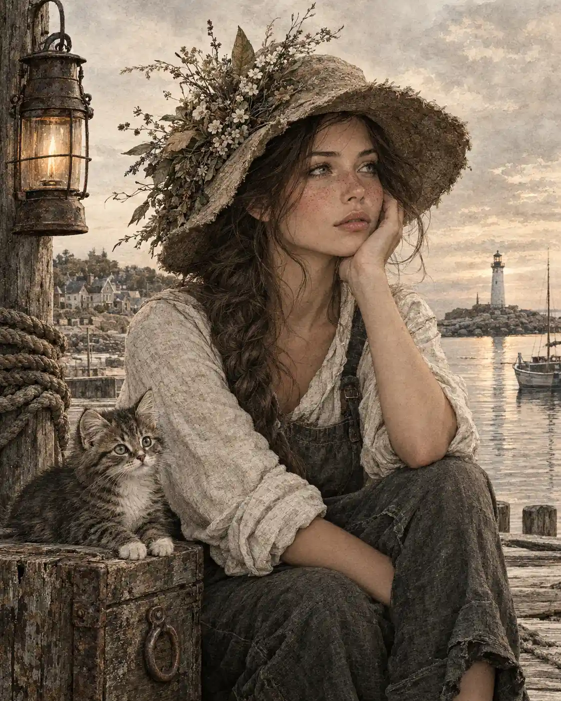 A young woman contemplates the horizon beside a quiet coastal harbor