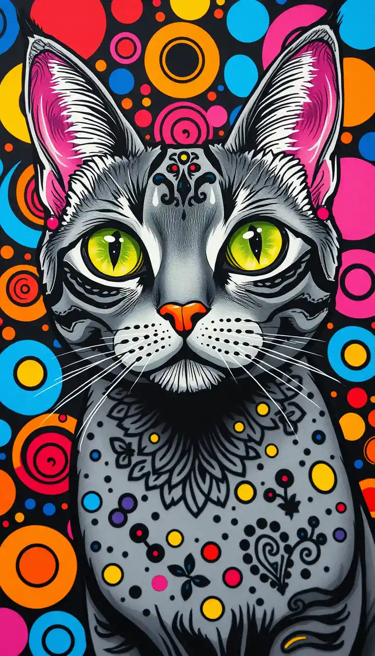 A psychedelic pop art cat portrait with bright green eyes