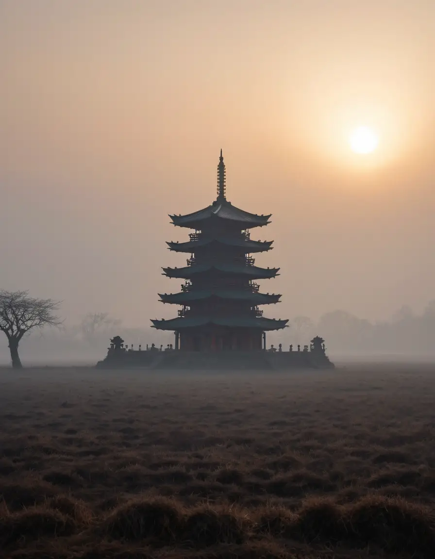 Una pagoda emerge dalla nebbia su una desolata pianura invernale