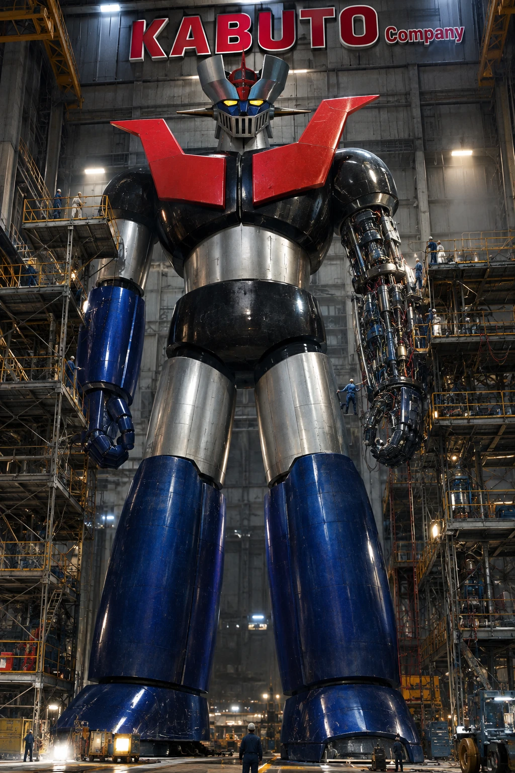 Un enorme robot in manutenzione all'interno di un vasto hangar