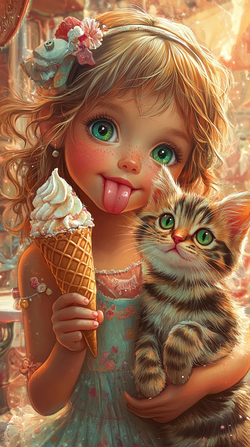 Una niña disfruta de un helado junto a un gatito atigrado en una cafetería