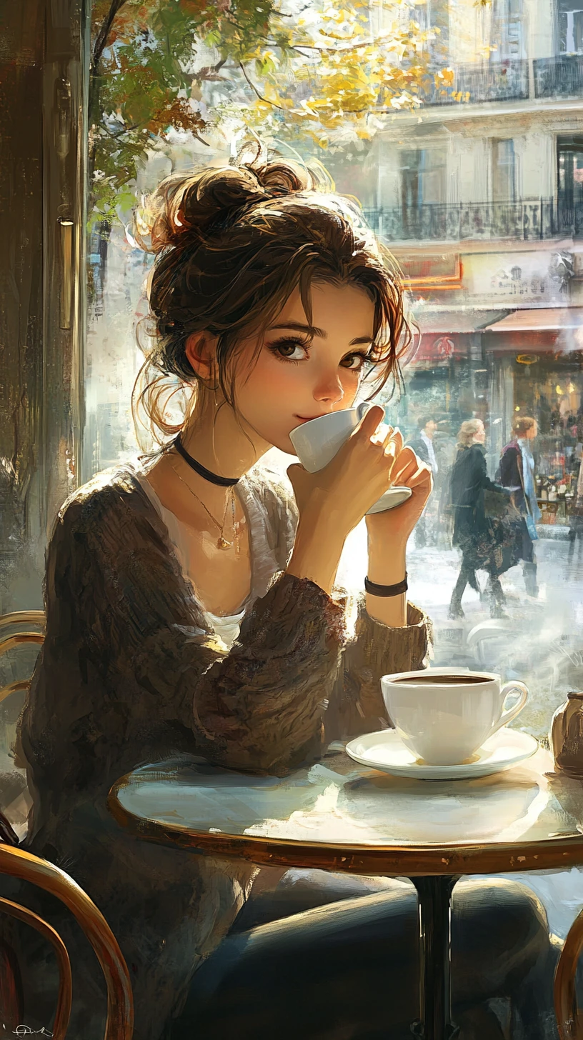 A young woman sips coffee at a Parisian street café
