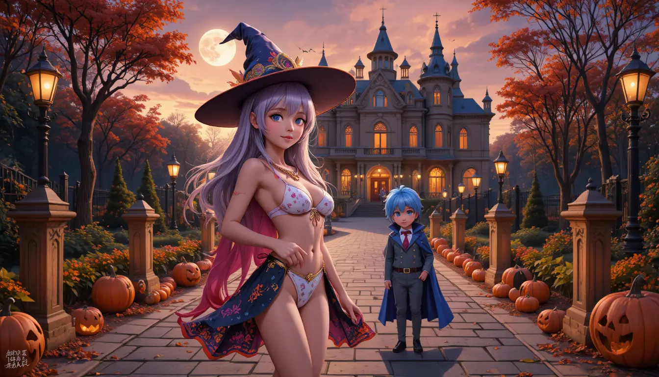 Dos niños de estilo anime celebran Halloween junto a una casa gótica rodeada de calabazas