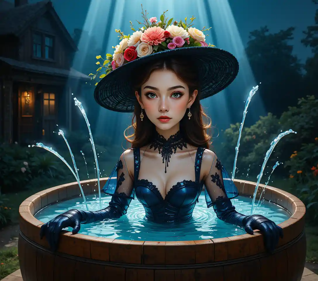 Mujer elegante con sombrero negro adornado con flores y vestido de encaje