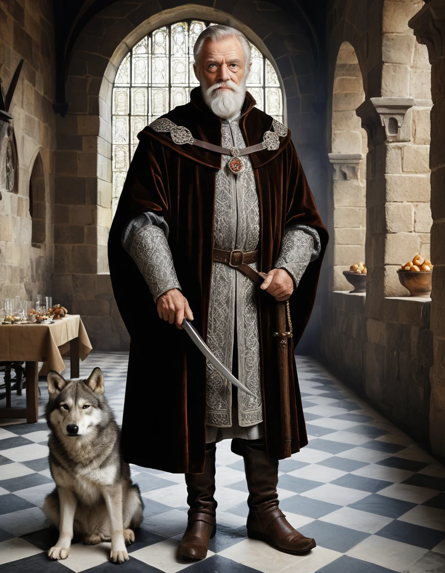 Full-length portrait of an elderly bearded man in a castle hall