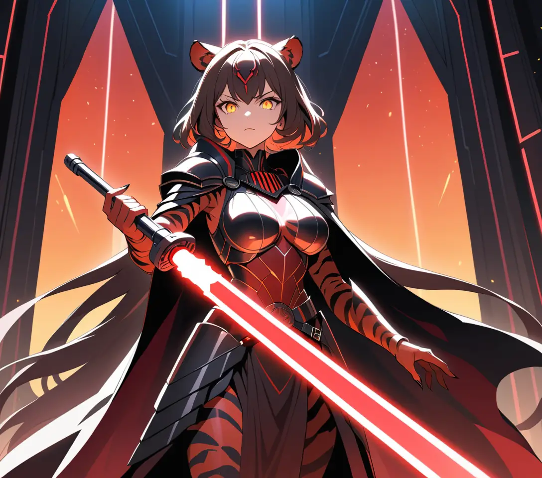 Mujer tigre de anime empuña un sable de luz carmesí como Lord Sith