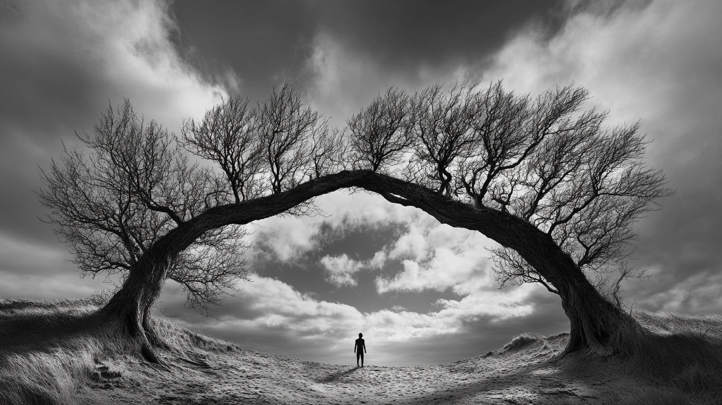 Alberi inclinati formano un arco sopra una figura solitaria