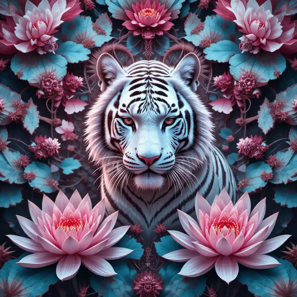 Un tigre blanc entouré de fleurs de lotus aux motifs fractals