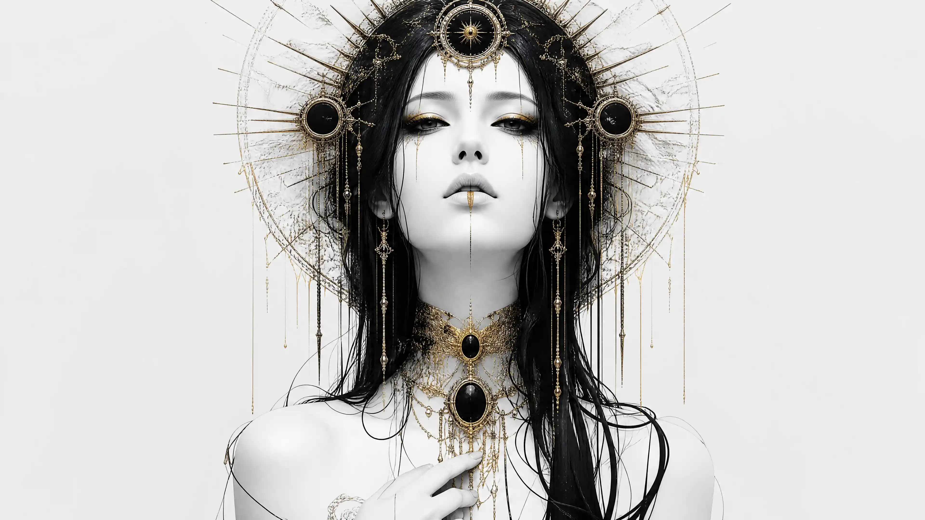Women with Very Pale Skin and Gold Details in Monochrome