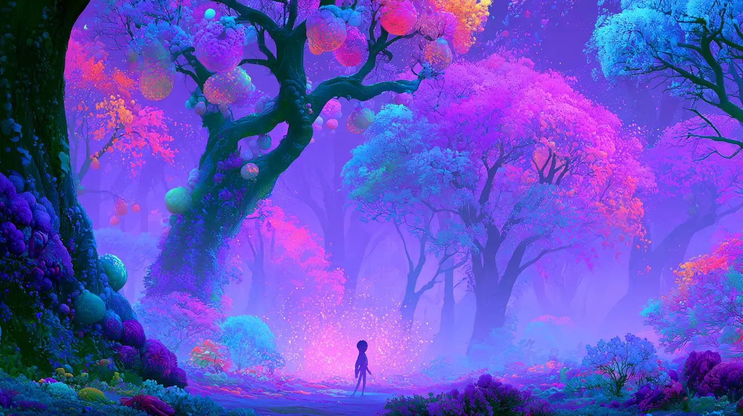 Alberi al neon e frutti colorati circondano una figura errante sotto un cielo nebbioso