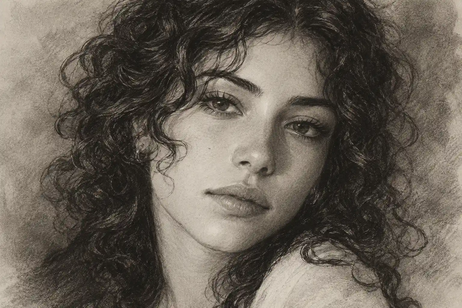A charcoal portrait captures a woman's face and curly hair