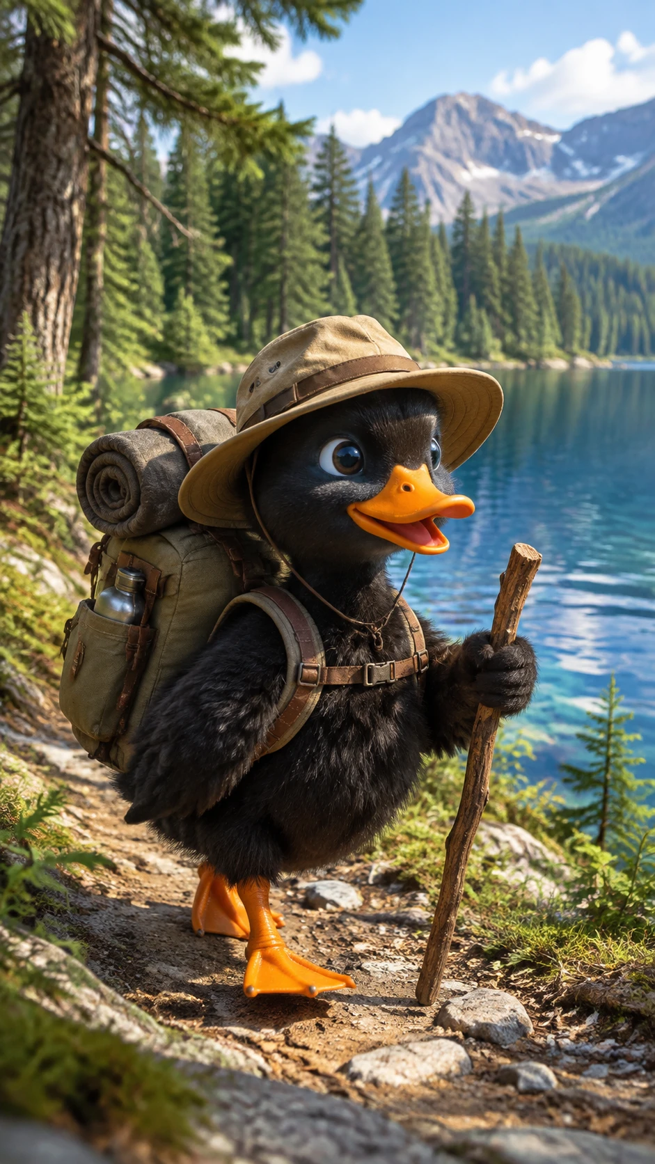 Un patito camina por un bosque junto a un lago con una mochila