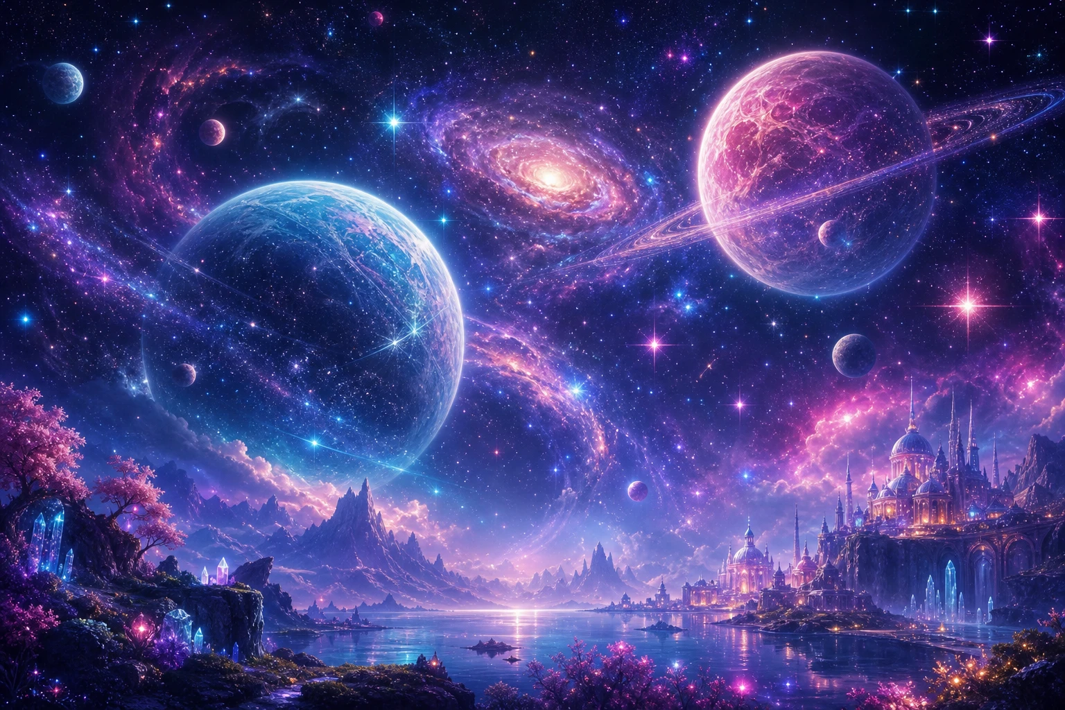 Luminous Planets And Stars Suspended In The Darkness Of Space