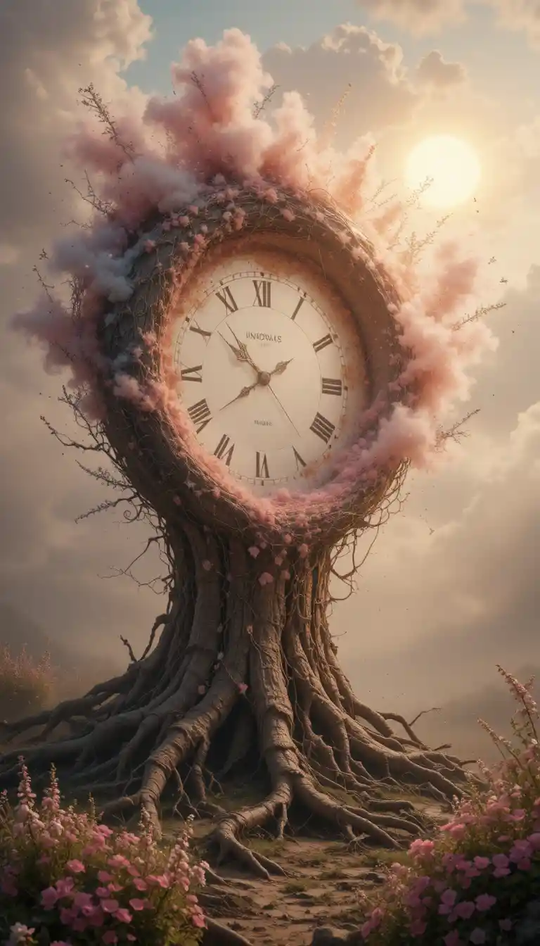 Relojes antiguos entrelazados con las raíces de un árbol ancestral