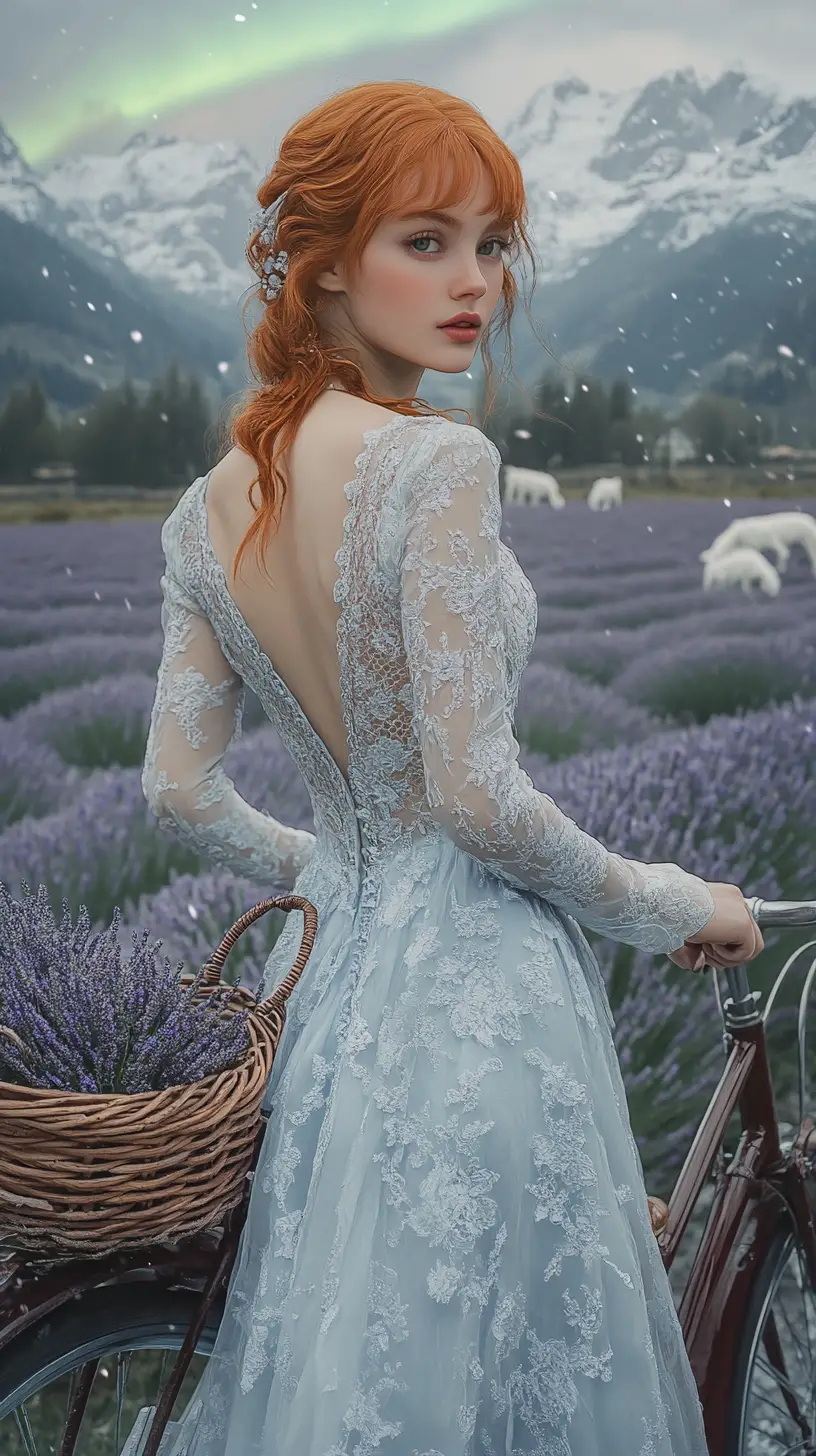 A red-haired woman beside a bicycle in a lavender field