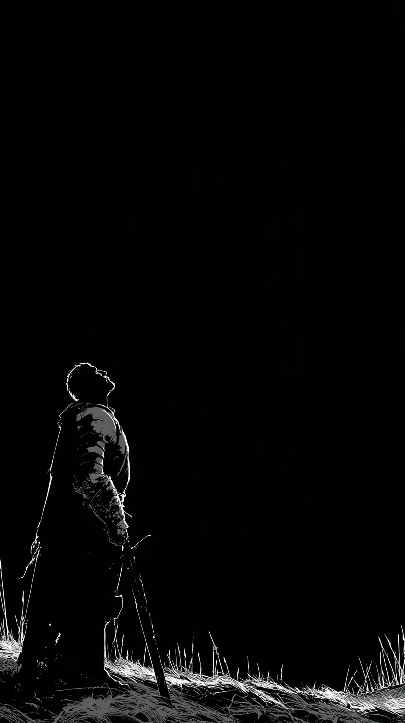 A lone armored knight stands above a windblown ancient battlefield