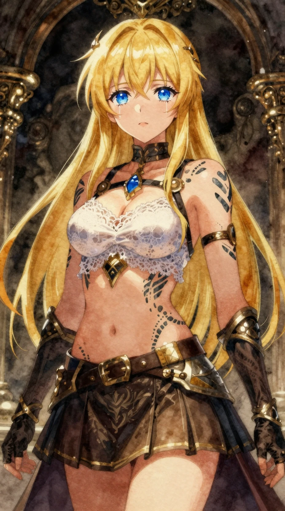 La princesa de anime Artoria se yergue orgullosa con los ojos azules llenos de lágrimas