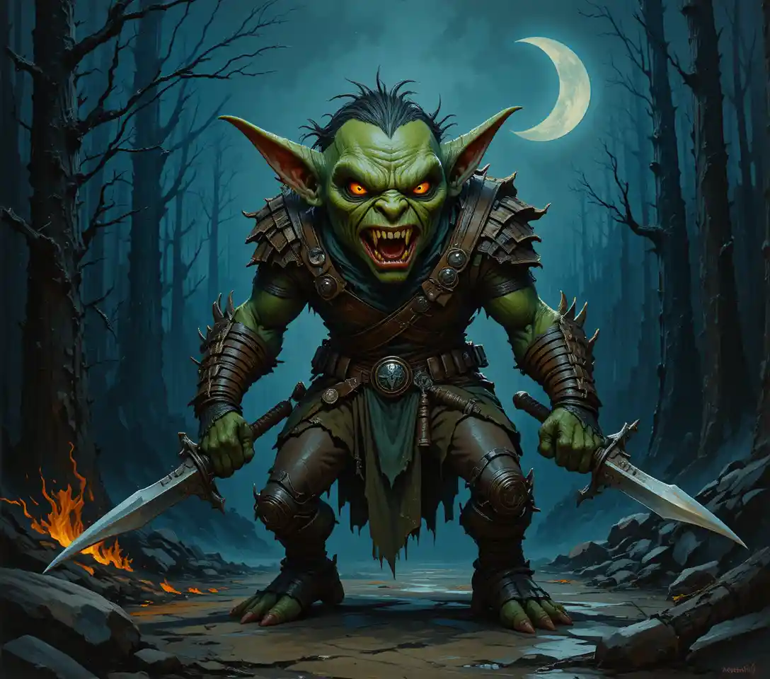 Un goblin verde impugna due lame sotto una luna crescente in una foresta buia