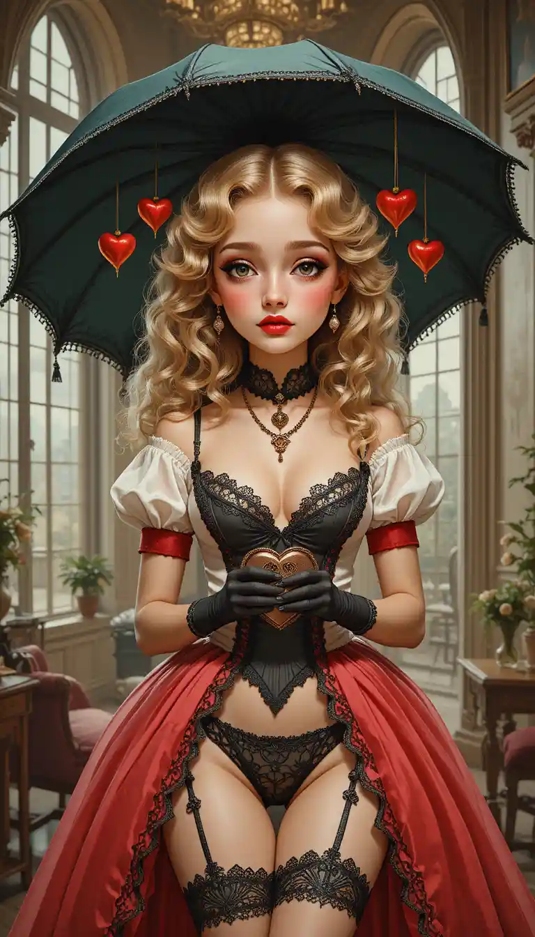 Une jeune fille victorienne tient un parapluie orné de cœurs dans une illustration vintage
