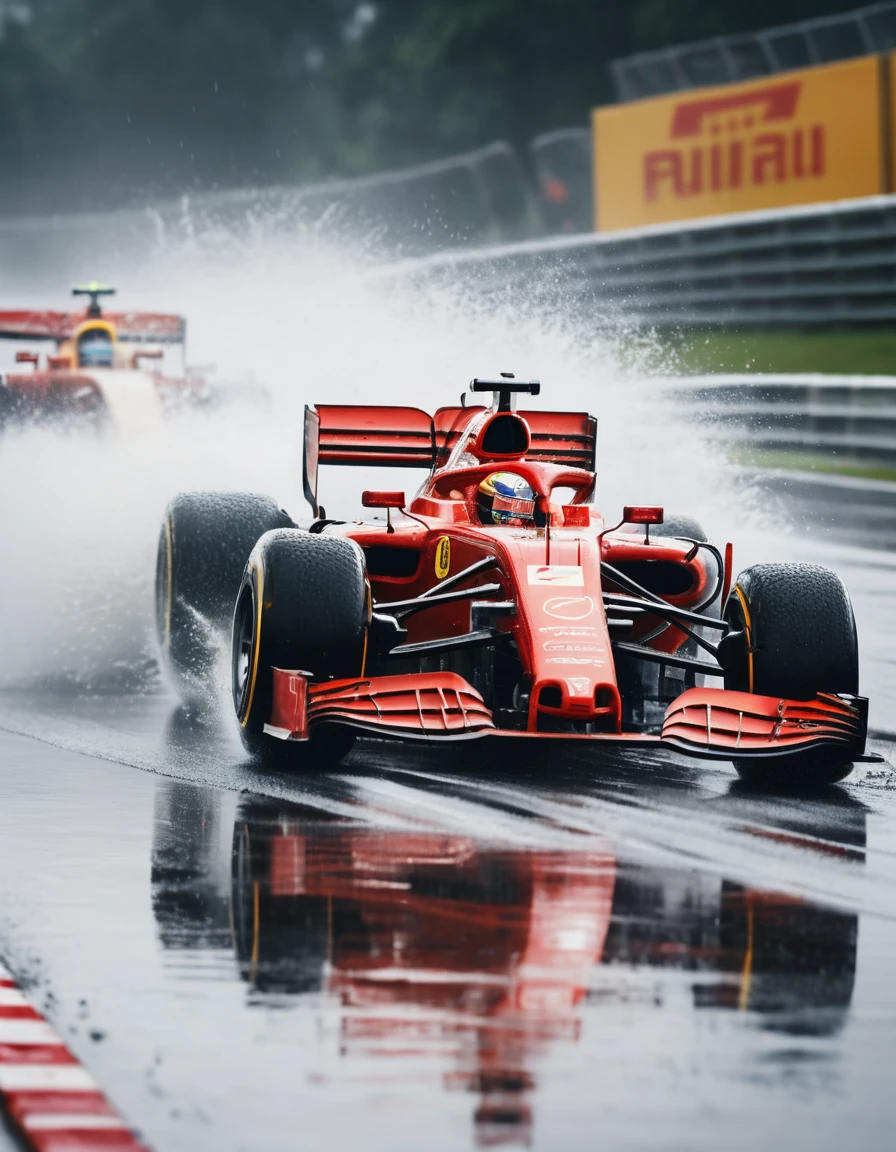 Formel-1-Wagen rasen nach dem Regen durch Gischt über eine nasse Strecke