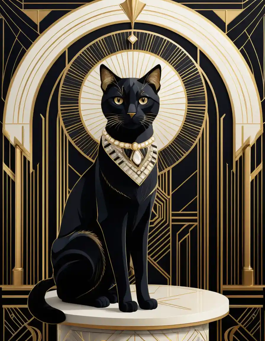 Un gato majestuoso sentado en un pedestal geométrico de estilo art déco