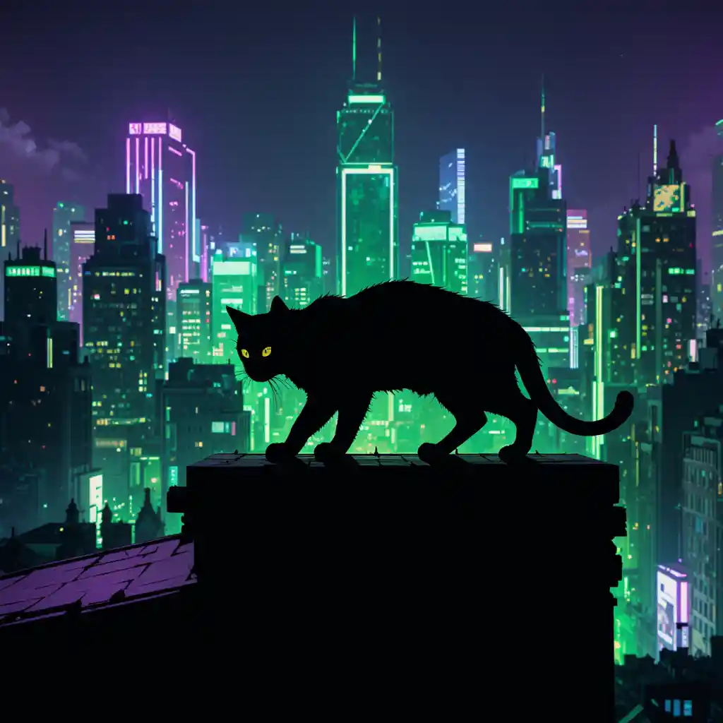A prowling cat silhouette on a rooftop framed by neon geometry